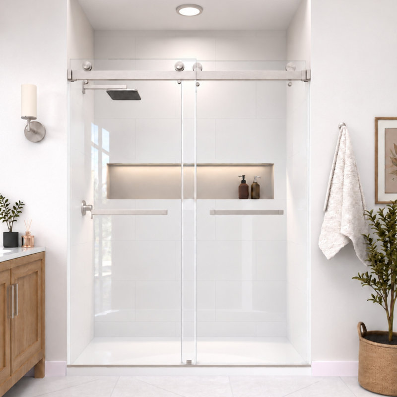 Catalyst 68"- 73" W X 79" H Double Sliding Frameless Shower Door In Brushed Nickel With 3/8" Clear Glass, 72"W x 79"H