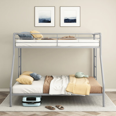 Silver Metal Twin Over Full Bunk Bed, Vertical Ladders, Slat System, Top Guardrails For Bedroom Functionality Glossy Finish, Ladders On Both Sides, Space