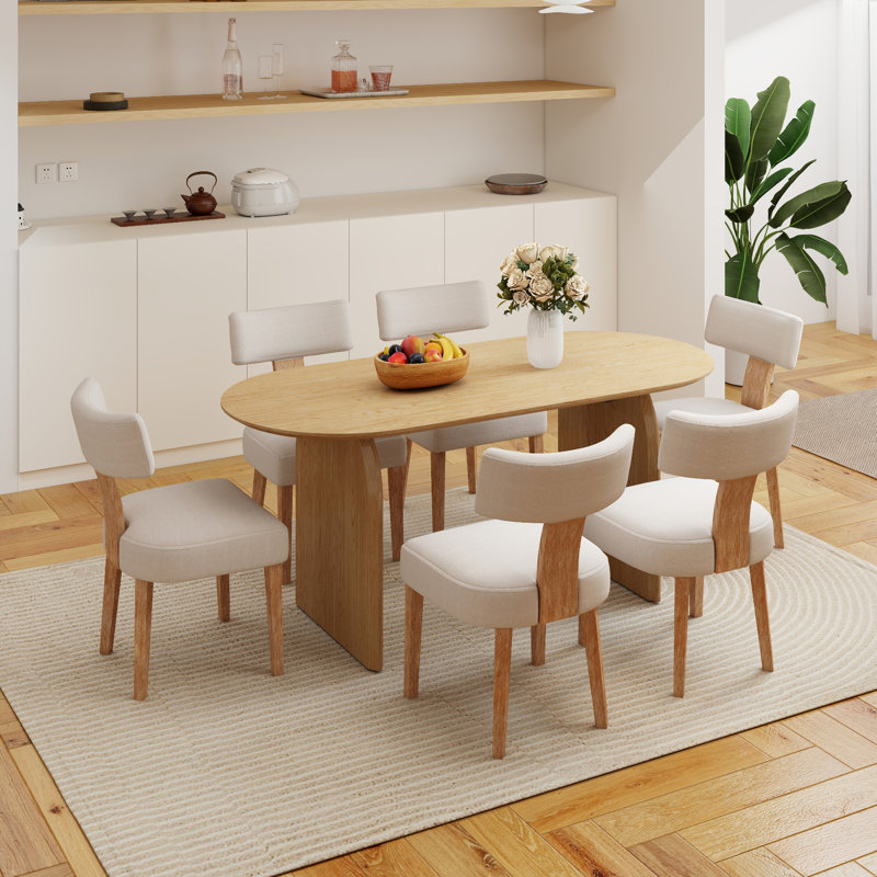 Dining Set Mid-Century Modern Wooden Table & Upholstered Chair Set For Home, Kitchen, Dining Room, Natural, Beige/Brown