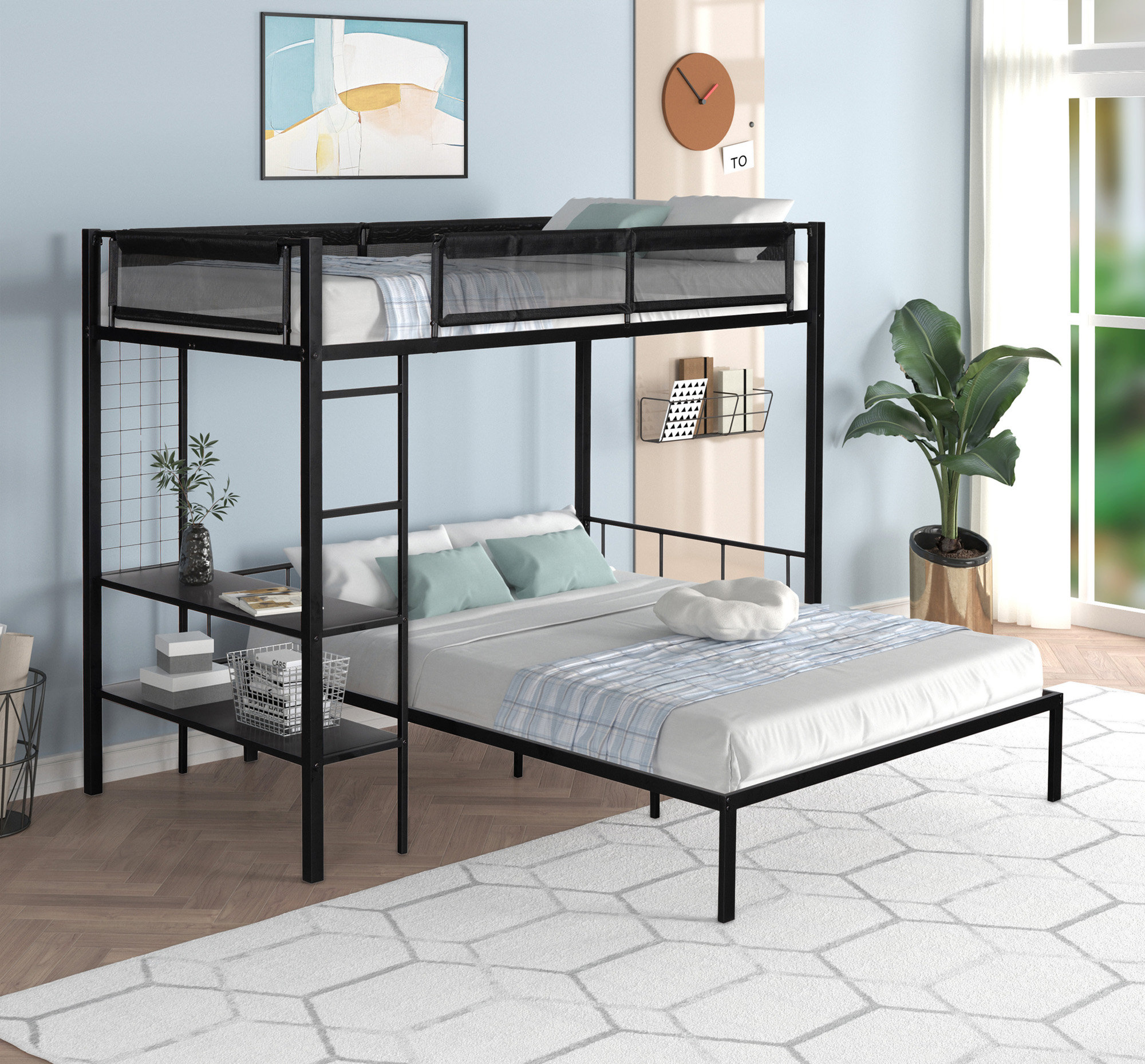 Isabelle & Max™ Metal Twin Over Full Bunk With Shelves & Grid Panel ...
