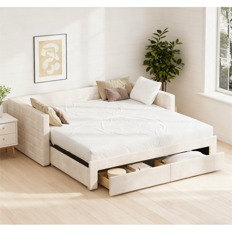 Structure de lit de jour extensible rembourrée avec couchette, Beige