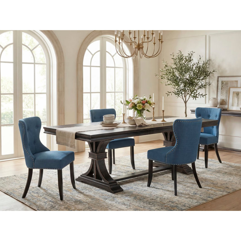 L'ensemble de table de salle à manger 5 pièces se compose d'une table moderne et de 4 chaises de salle à manger en tissu de lin bleu Mid-Century avec dossier capitonné - Finition sable