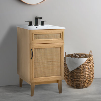 Javer 20 in. W x 18 in. D x 33 in. H Bohemian Rattan Freestanding 2-Shelf Bath Vanity Cabinet Base Only (Sink Basin not Included), Oak