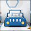 Lit plateforme simple en forme de voiture de course avec roues, bleu
