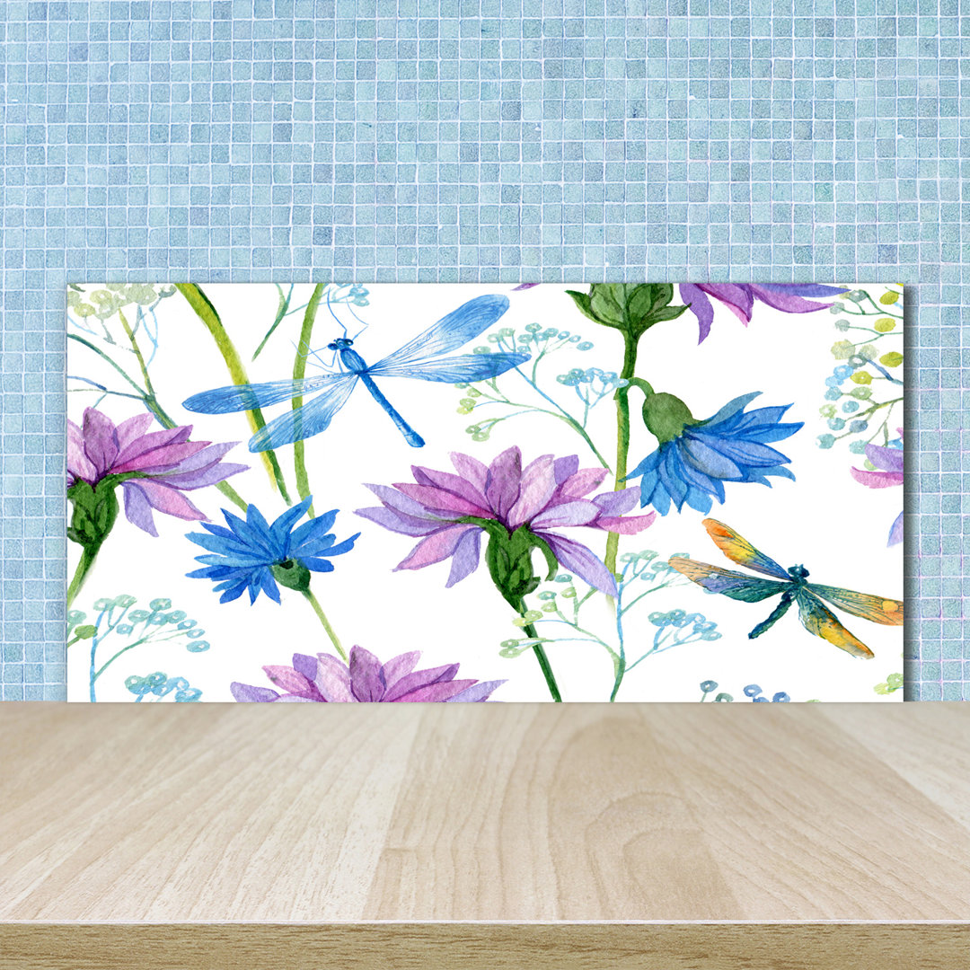 Flowers and Dragonflies 50cm x 100cm Glass Panel