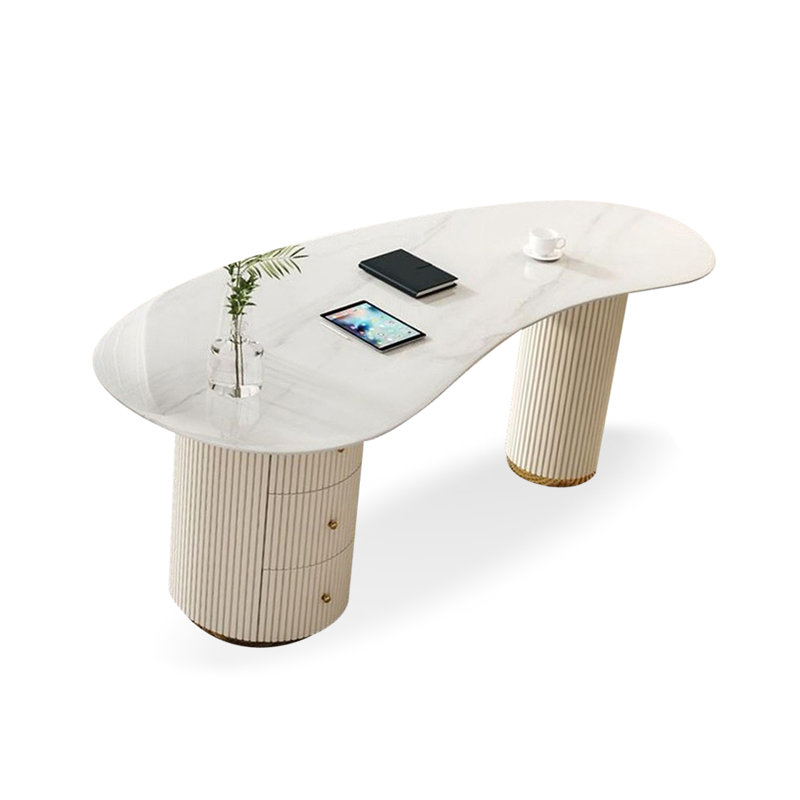 Bureau de direction ovale en pierre frittée blanche avec tiroirs, H 29,53 po x l 55,12 po x P 23,62 po 