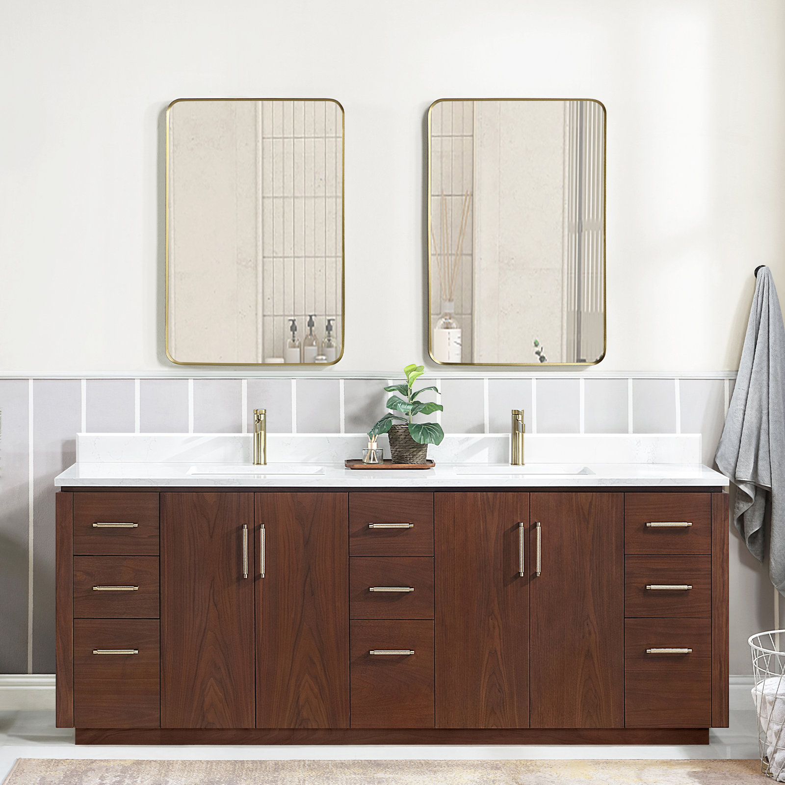 Cloverfield 84'' Double Bathroom Vanity, Natural Walnut, Gold