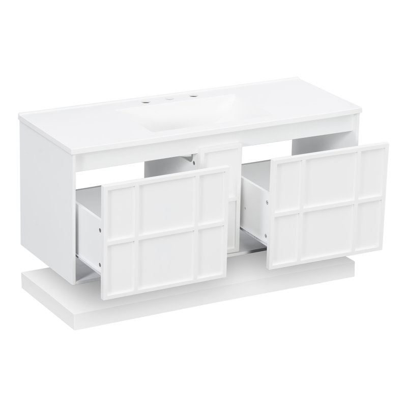 Meuble-lavabo mural de 122 cm avec lavabo en SMC et tablette ouverte, armoire de rangement sans poignées en MDF peint (blanc)