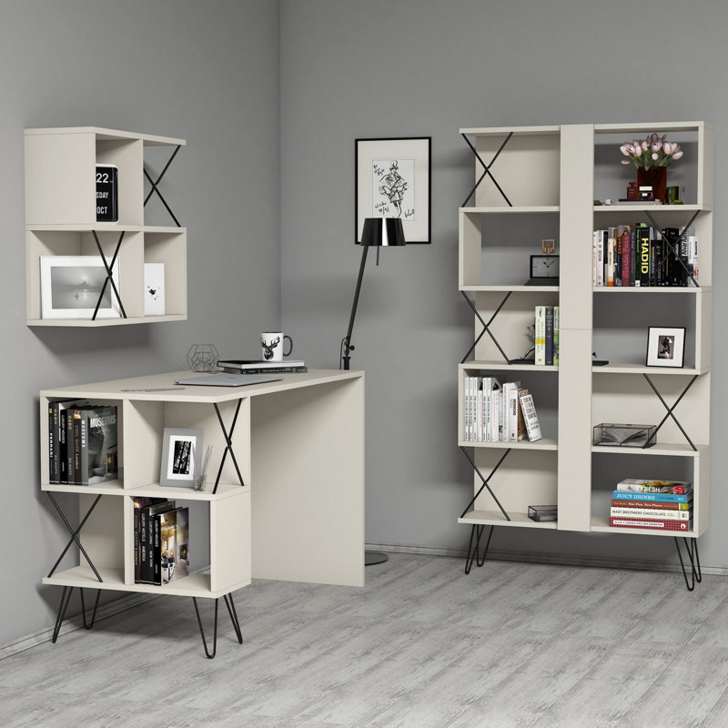 Modern Study Desk & Bookshelf Set, Cream & Black, 47.2 x 30.9 x 23.6 in | 100% Melamine Coated Particle Board, Thickness: 0.7 in | Wall-Mountable with Numerous Shelves, Scandinavian Design for Home Office & Study Spaces