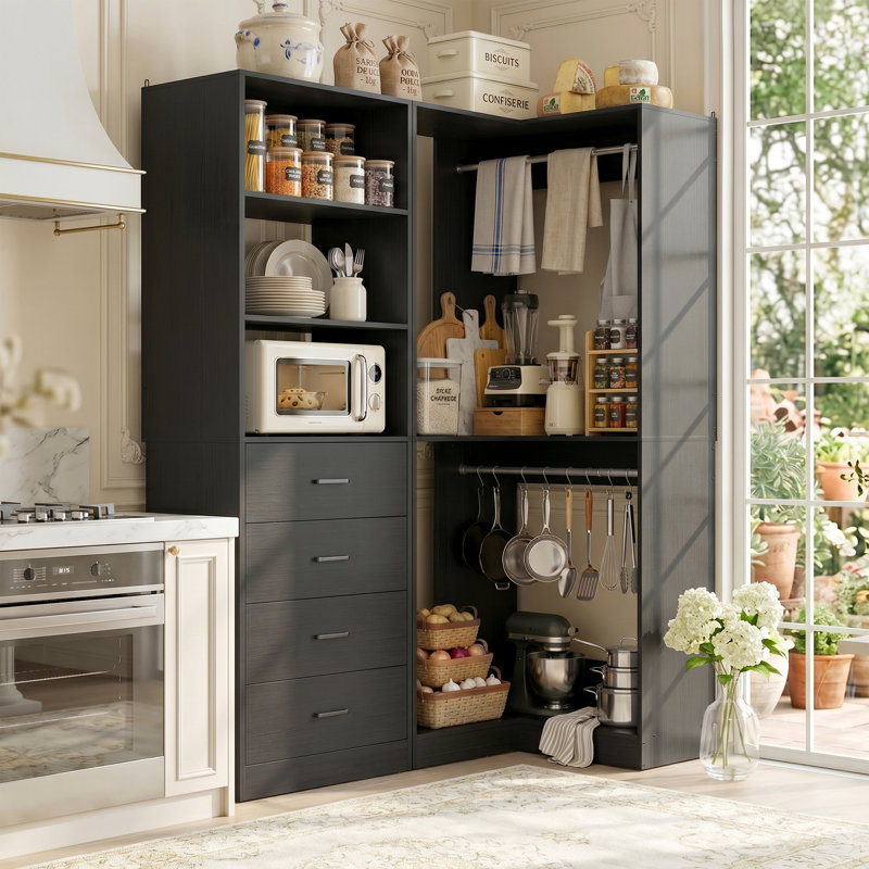 Armoire de rangement d'angle pour garde-manger de coin avec 4 tiroirs, tablettes ouvertes et tringles de suspension, système d'organisation de nourriture modulaire 2 pièces