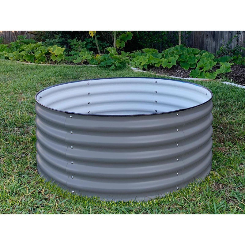 17" Tall Round Metal Outdoor Raised Garden Bed, Modern Gray