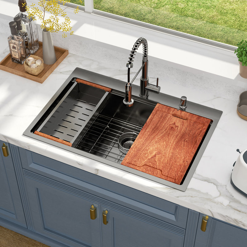 Évier de cuisine encastrable 36 po L 36 po à cuve simple en acier inoxydable de calibre 16 avec robinet rétractable et distributeur de savon