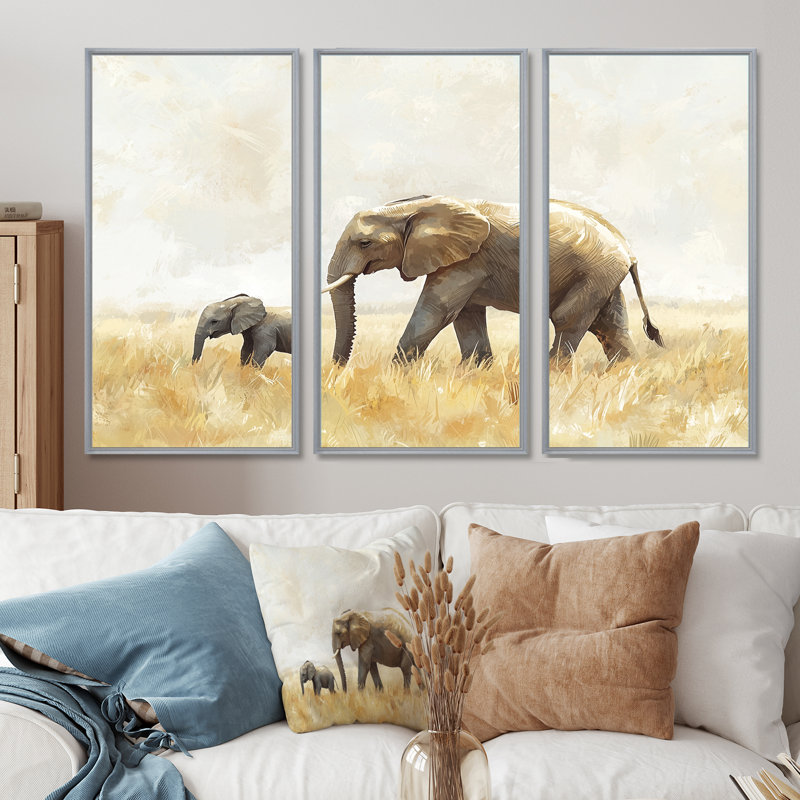 Éléphant avec son bébé en Afrique - Éléphant, art mural - ensemble de 3, H 28 po x l 36 po, Argent argent