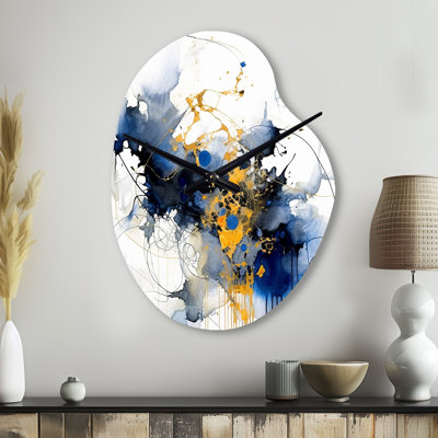 Dark Blue and Gold Strokes XIII - Asymmetrical Fractals Metal Wall Clock, Unique shape Clock Print