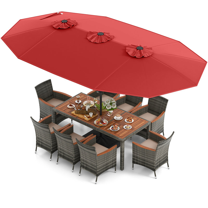 10 Pcs Patio Dining Table Chair Set With Umbrella, Gray, Red