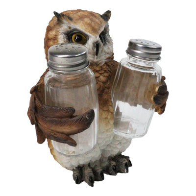 Brown Great Horned Owl Salt and Pepper Shaker Holder Set with Glass Shakers