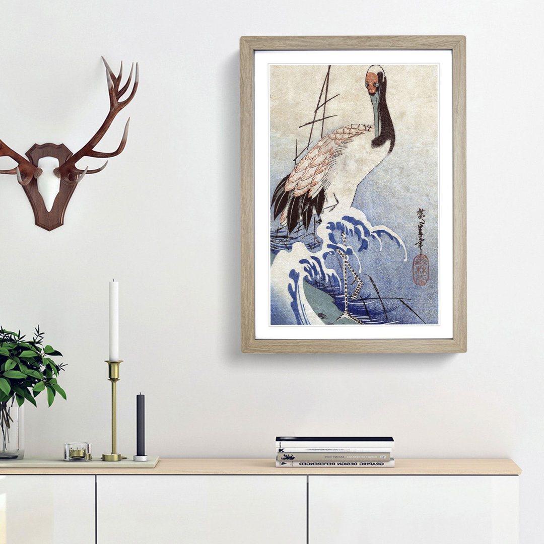 Crane in the Waves by Utagawa Hiroshige - Framed Print