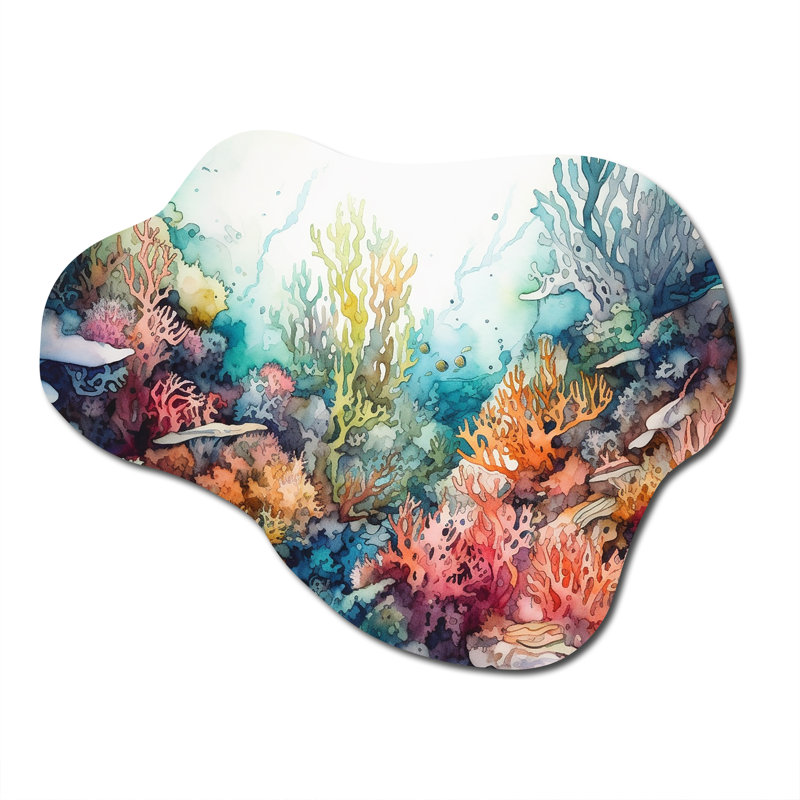 «Vibrant Coral Reef III - Cloud Modern Beach», décoration murale asymétrique en métal, H 27 po x l 35 po