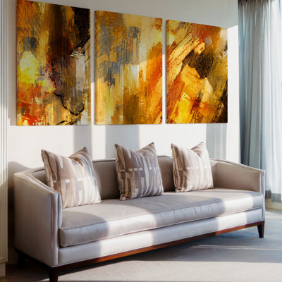 3 Pieces Exculisive Amber Gold Orange and Black Abstract Large Wall Art Textured Brushstroke Canvas, Canvas Decor for Living Room, Bedroom and Office