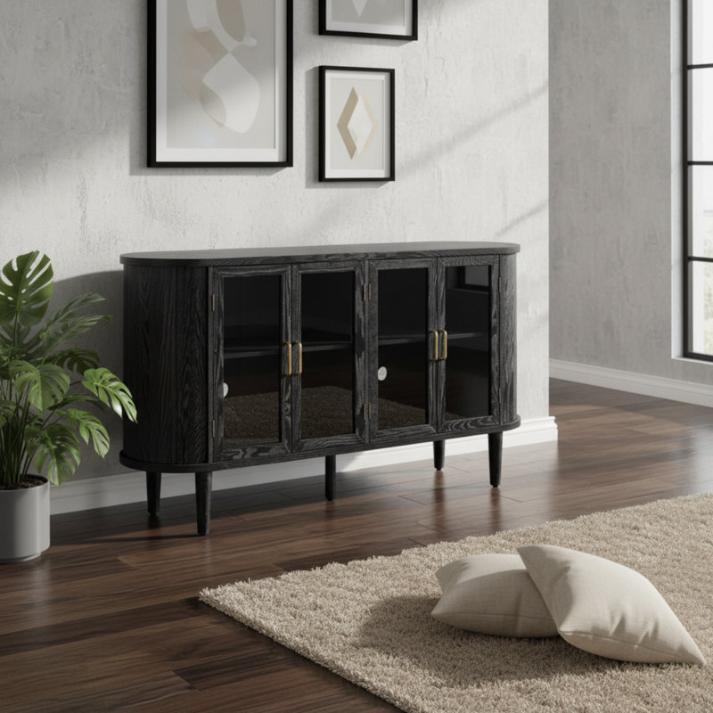 Black Farmhouse-Style Wooden Sideboard With Glass Doors And Adjustable Shelves. Versatile Storage For Kitchens, Dining Rooms, And Living Rooms.