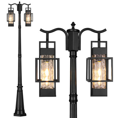 Modern Outdoor Lamp Post Light 2-Head, Hardwired Street Light Post for Outside Metal Pole Light Outdoor Lighting with Water Glass Shade for Garden Patio Backyard Walkway Driveway