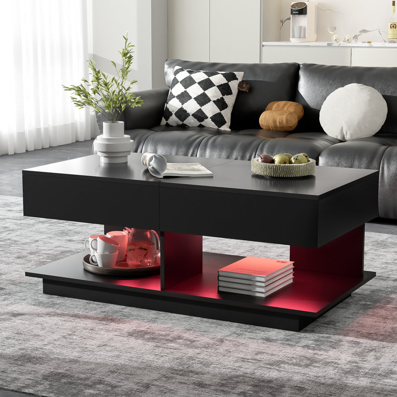 Table basse moderne extensible 41,3 po - 76,7 po avec éclairage DEL et rangement caché Varlix - Finition ultrabrillante, Noir