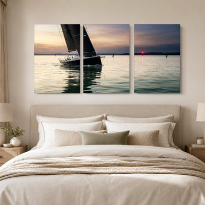 Sailboat with Black Sails on Calm Twilight Water Set Of 3 Canvas Wall Art