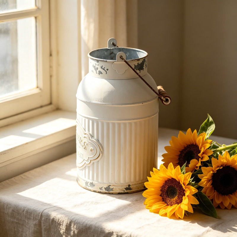 Vase à lait en métal blanc avec poignée, pichet de ferme pour fleurs artificielles ou séchées