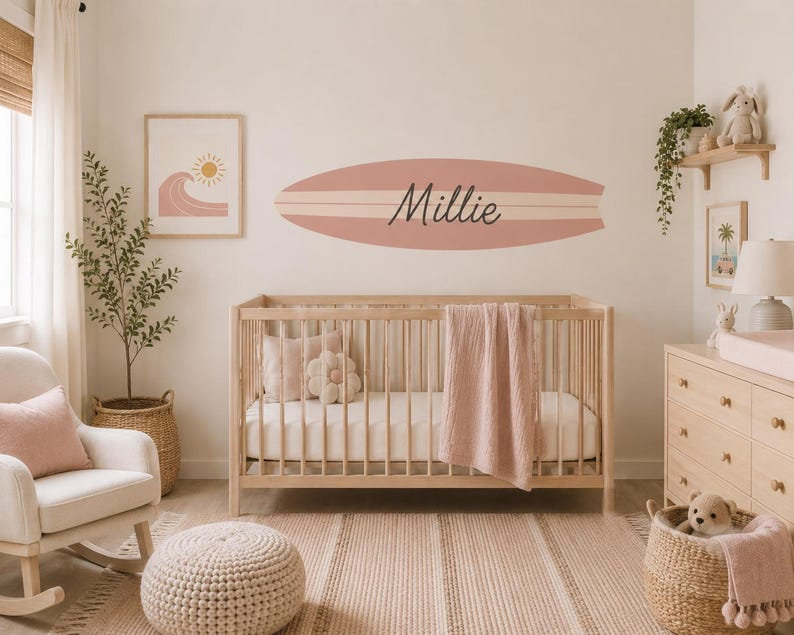 63-Inch Personalized Pink Surfboard Name Wall Decal, Font 4, 18" H x 48" W