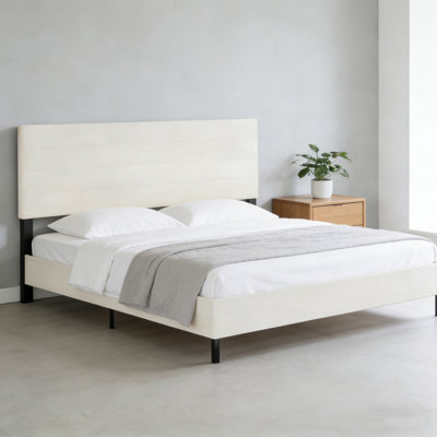 Lit plateforme tapissier de grande taille avec tête de lit grand, conceptions minimalistes en chenille de qualité supérieure, lit plateforme de style simple rétro sans sommier, assemblage facile, ivoire