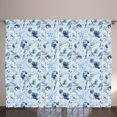 Rustic curtain, leaves greenery art, flowers boho, light blue peacock green