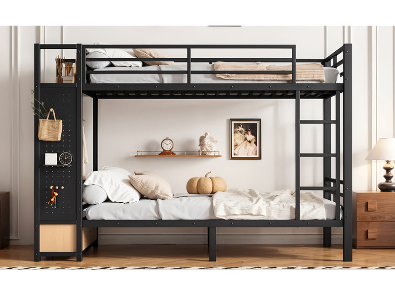 Lit superposé simple TG au-dessus de simple TG pour ados avec tablettes de rangement, tiroirs et panneau perforé, noir