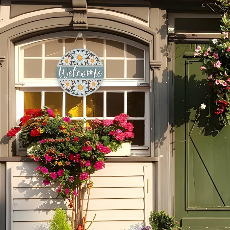Panneau de porte d'entrée fleuri « Bienvenue printemps-été » avec marguerites, style champêtre, pour décoration extérieure de porche.
