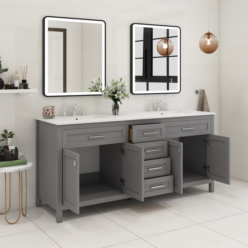 Meuble-lavabo autoportant à double cuve 72 po avec plateau en pierre reconstituée Nayson, Gris