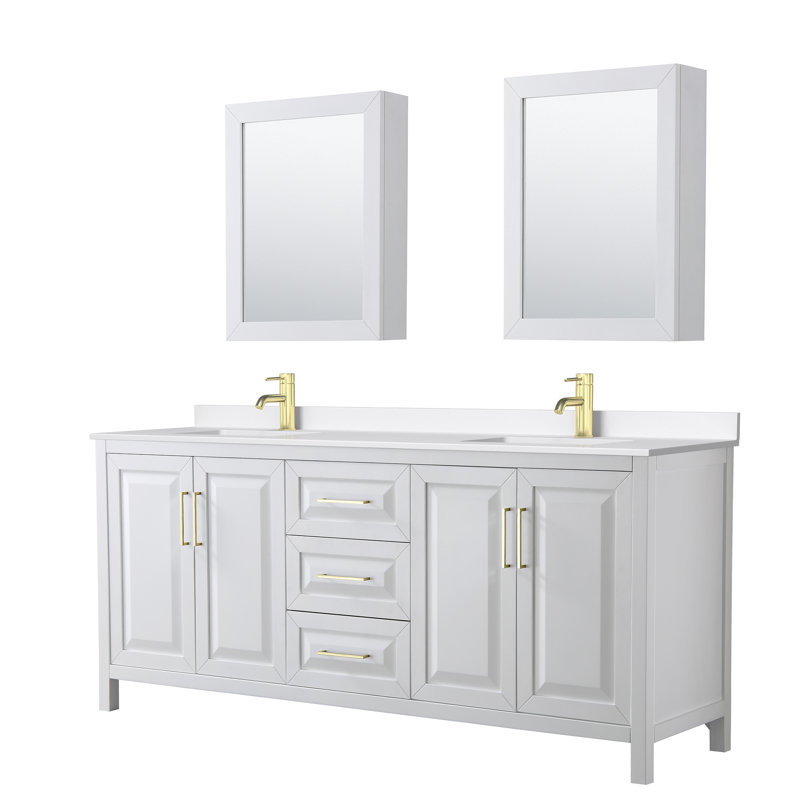 Daria 80 in. with Mirror Vanity, White Quartz, White, Brushed Gold