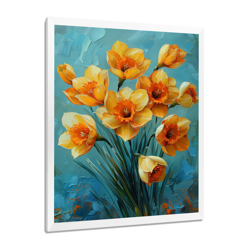 Jonquilles jaunes et orange vibrantes - Décoration murale jonquilles, White Picture Framed, H 24 po x l 32 po