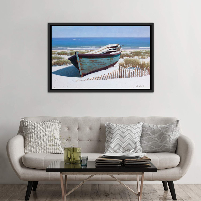 «Blue Boat on Beach» par Zhen-Huan Lu - reproduction de photo, H 40 po x l 60 po x 1,5 po, Toile avec cadre noir