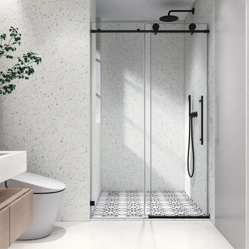 une porte de douche fixe et une porte décalée sans cadre, de grandes poulies de 70 mm 304 SUS avec fonction de fermeture en douceur réglable, avec nettoyage facile et protection anti-déflagrante