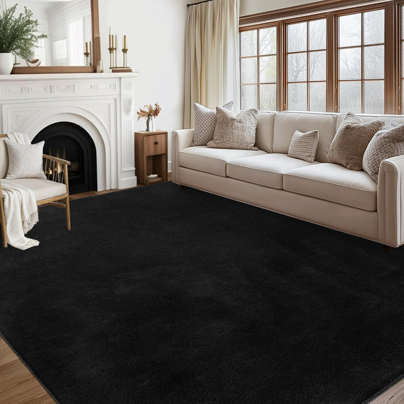 Modern Solid Shag Rug for Living Room Bedroom Washable Rugs Wool Rug for Nursery Dorm, Rectangle 8' x 10', Black