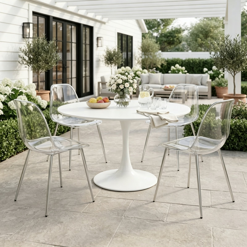 Ensemble de salle à manger à piédestal rond 5 pièces avec chaises d'appoint transparentes, 29.1" H x 31.5" W x 31.5" D