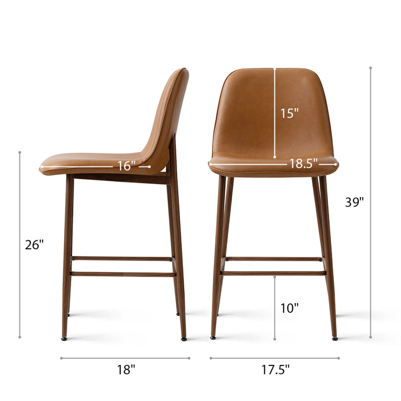 26 inch Faux Leather Counter Stools with Walnut Finish Metal Legs, Brown