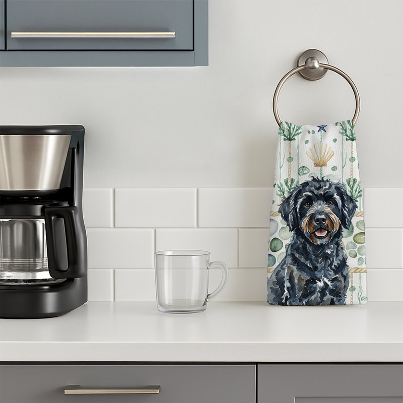 Serviette de cuisine blanche en verre de mer à épagneul tibétain blanc, Black Portuguese Water Dog