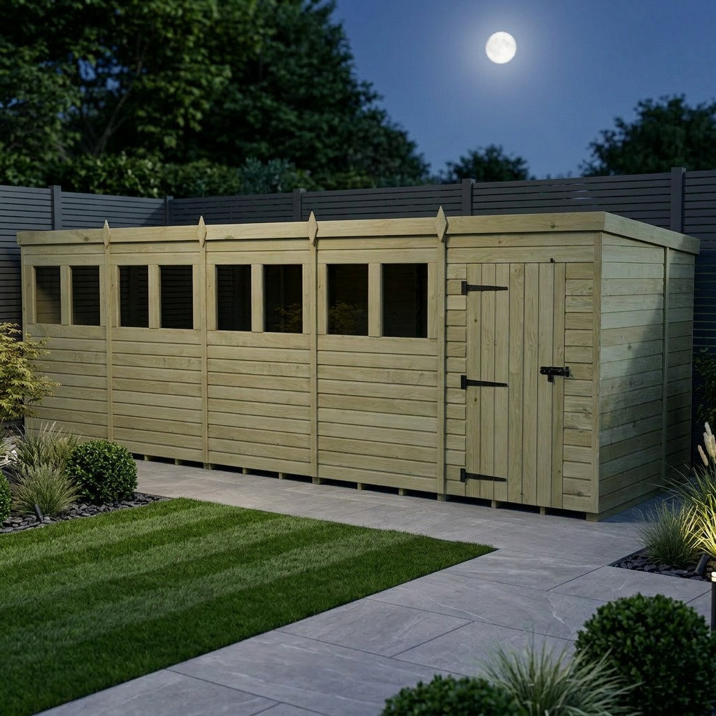 Total Sheds 20ft x 7ft Pent Garden Shed - Single Door - With Windows - Pressure Treated Timber - UK Manufactured