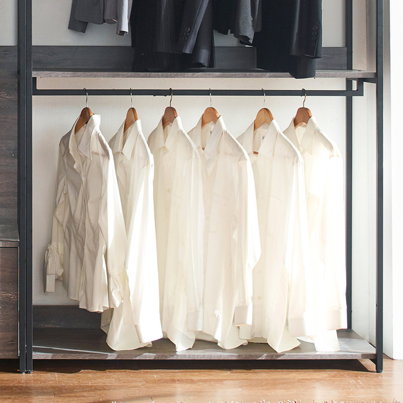 Système de garde-robe Monica Wood, 282 cm (L) x 44 cm (P) x 198 cm (H), mélamine, 6 pièces, style rustique, avec structure métallique