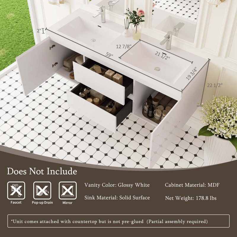 Meuble-lavabo flottant 60 po avec double lavabo 60 po, Blanc