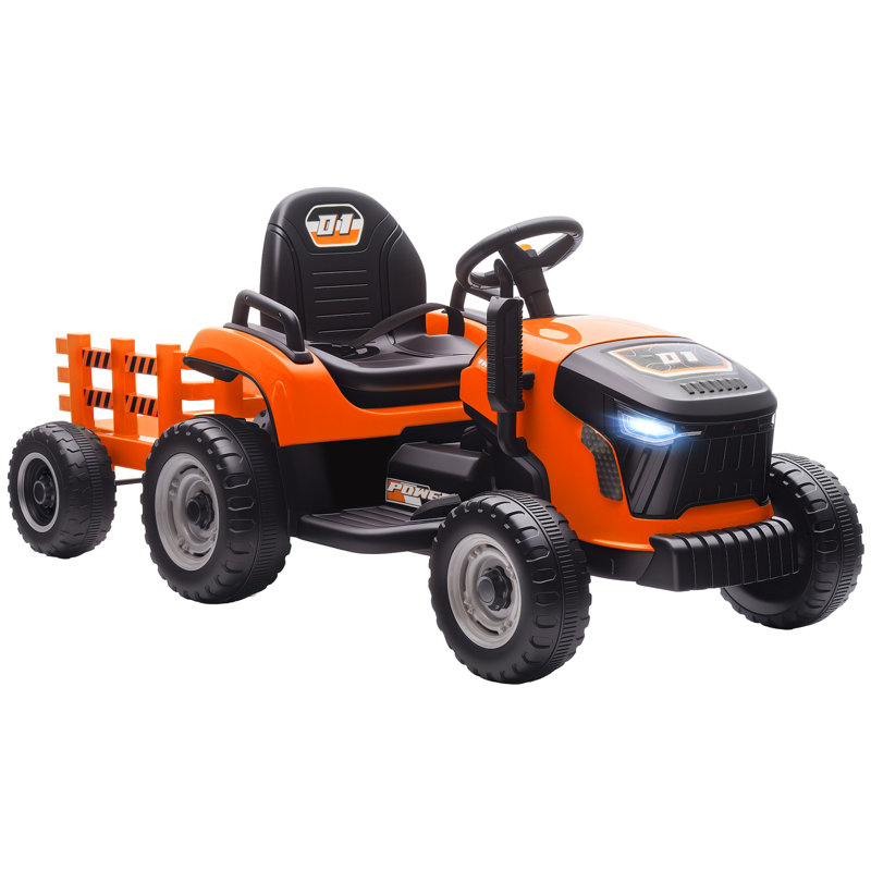 Kids Ride On Tractor with Trailor, Kids 12V Ride on Car, Orange, Orange