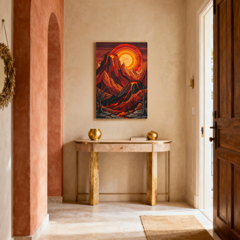 Tableau sur toile représentant un paysage volcanique avec lave et coucher de soleil (lot de 1), H 30 po x l 20 po