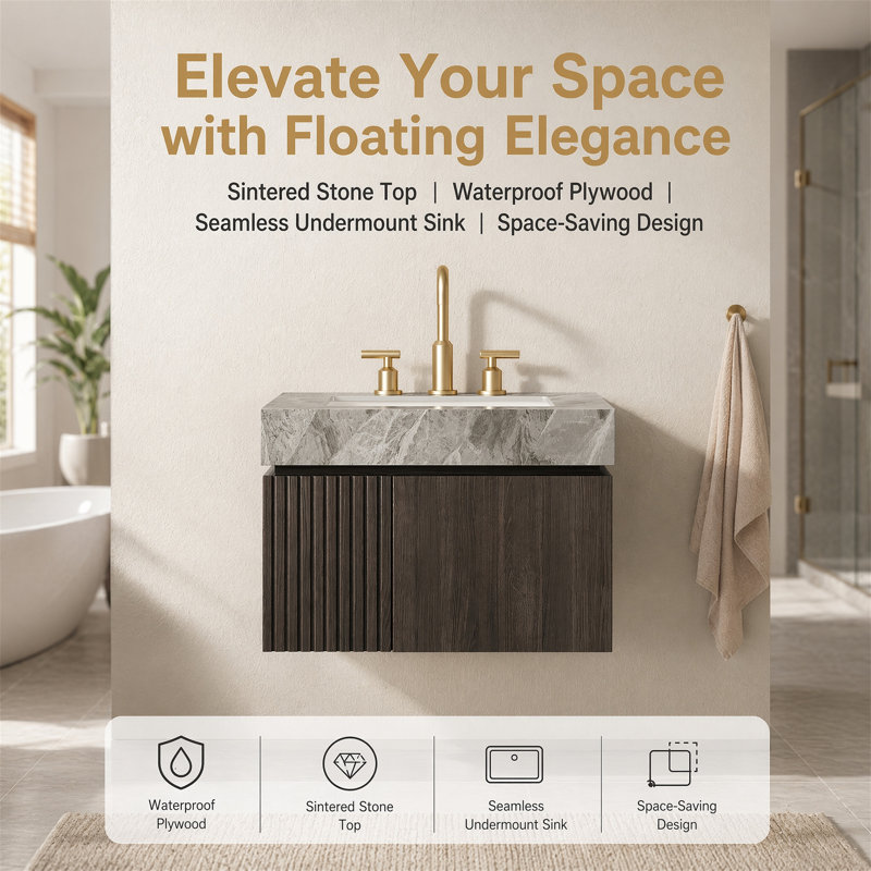 Meuble-lavabo flottant mural 24 po avec plateau en pierre frittée brillante, 3 trous de robinet, fermeture en douceur