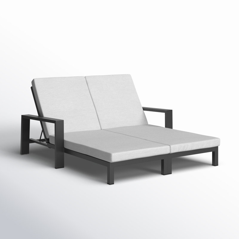 Hoyt Outdoor Metal Double Chaise Lounge, Grayish Cushion/Slate Black Frame