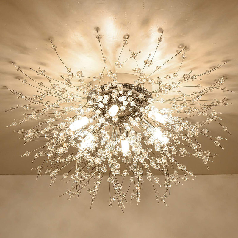 Dimmable Crystal Starburst Flush mount Chandelier Modern Light Fixture , Chrome